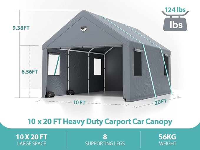Carport portátil resistente de 10x20 con ventanas enrollables