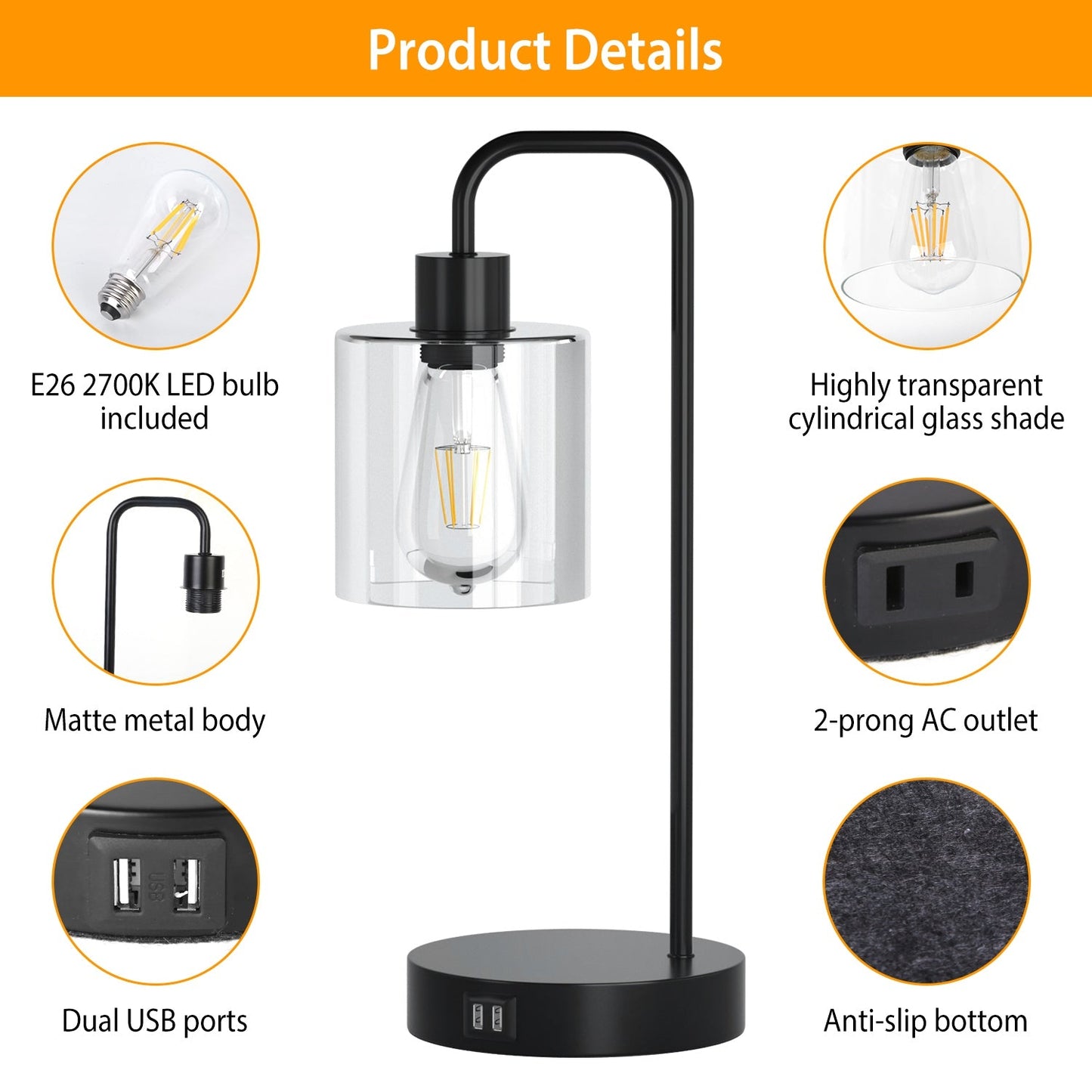 2-Pack Touch Control Table Lamp with USB Ports and Glass Shade