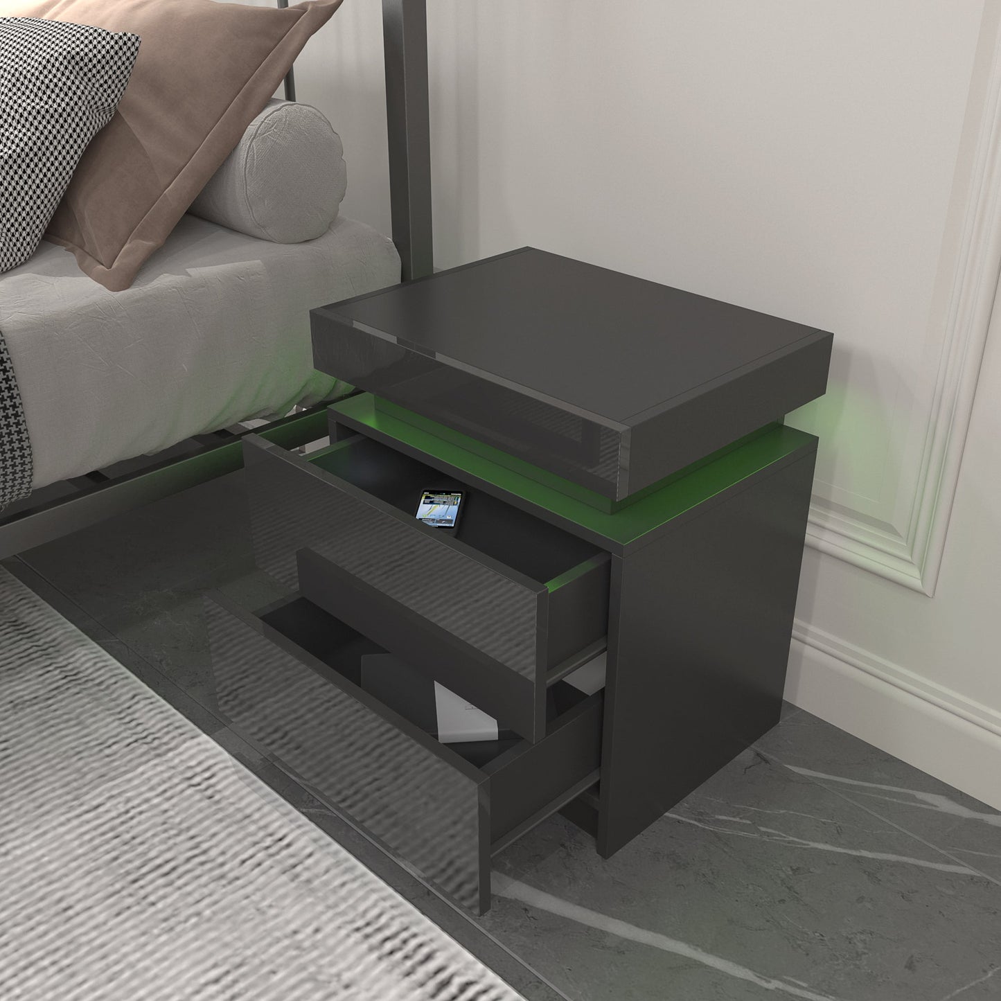 Modern Black LED Nightstand with Led Lights Bedside table with 2 High Gloss Drawers for Bedroom - Korvel