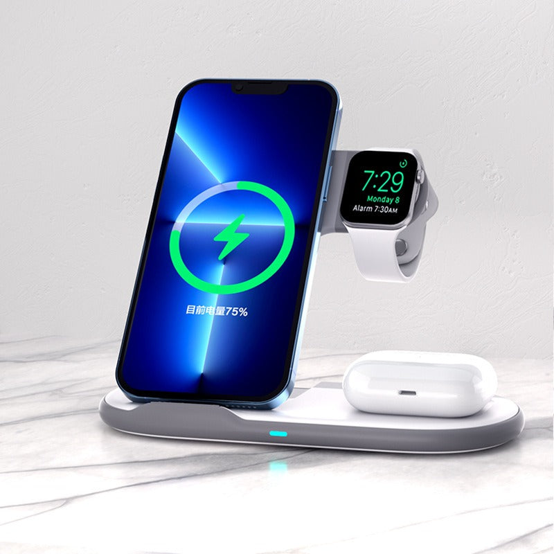 Folding 3-in-1 wireless charger suitable for iPhone earphones, watches, wireless fast charging phone holder - Korvel
