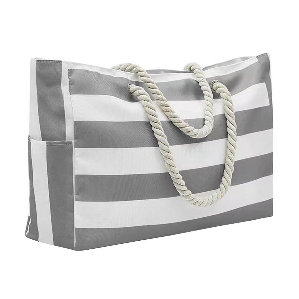 Embroidered Striped Beach Bag with Spacious Design