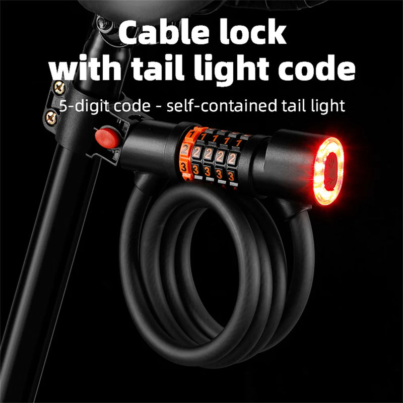 1.2M/1.8M Bike Lock Anti-theft 5 Digit Combination Password Security Lock With LED Light MTB Road Bike Steel Cable Bicycle Lock - Korvel