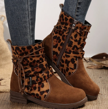 Buckle Square Heel Round Head Fashion Boots with Side Zipper