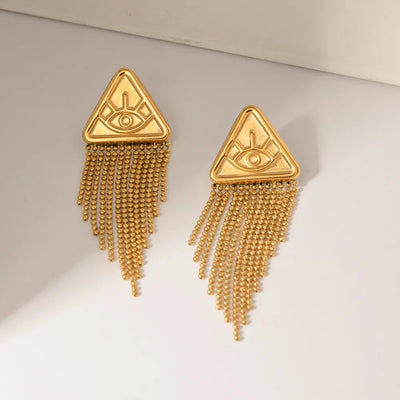 Triangular relief devil's eye design with tassel titanium steel earrings - Korvel