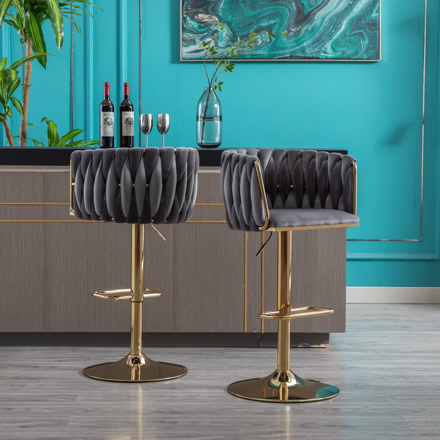 Set of 2 Bar Stools with Chrome Footrest and Base Swivel Height Velvet + Golden Leg Simple Bar Stool-Grey - Korvel