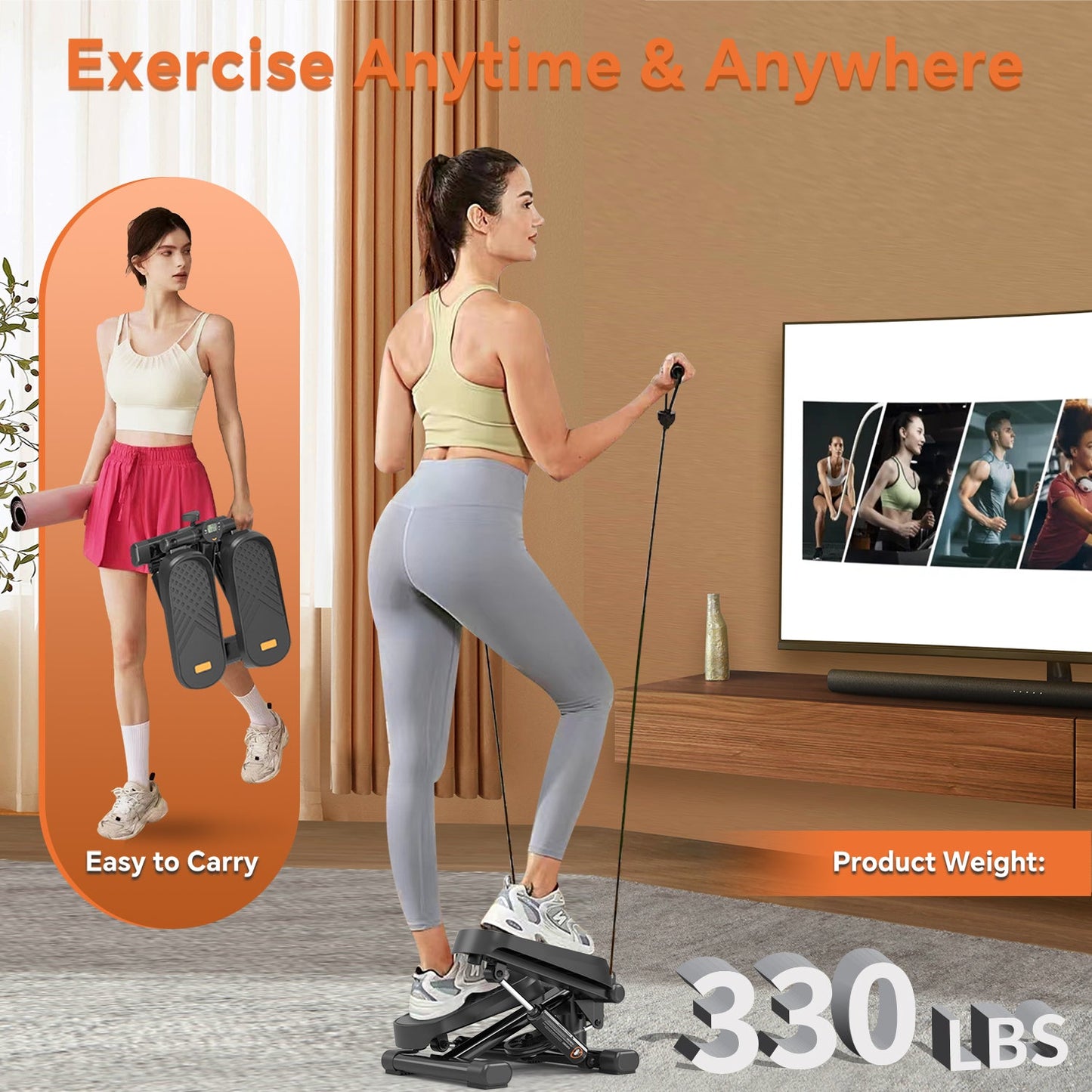 Home Office Exercise 330LBS Capacity Mini Stepper with Resistance Bands and LCD Monitor - Korvel