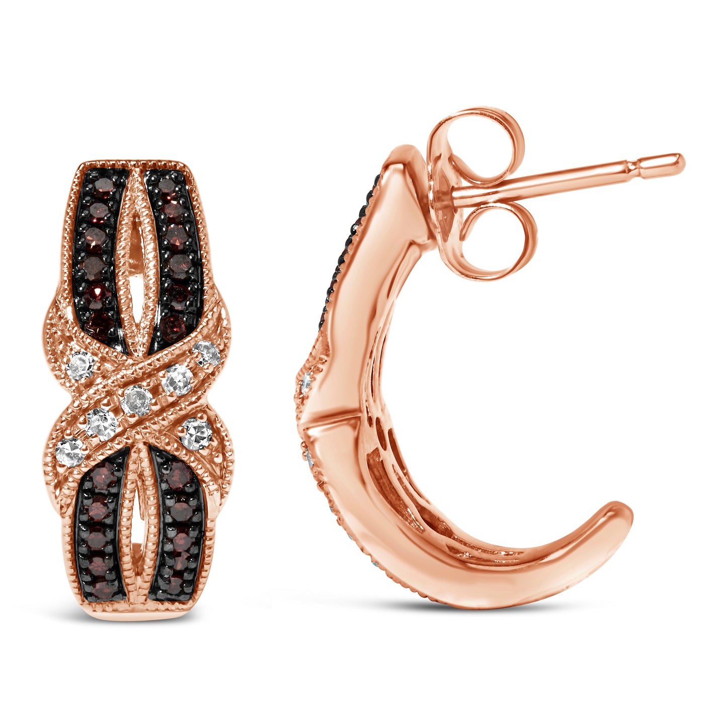 Boucles d'oreilles J-Hoop en or rose 10K avec diamants en croix