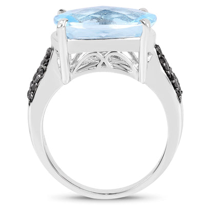 3.96 Carat Swiss Blue Topaz & Black Diamond Sterling Silver Ring
