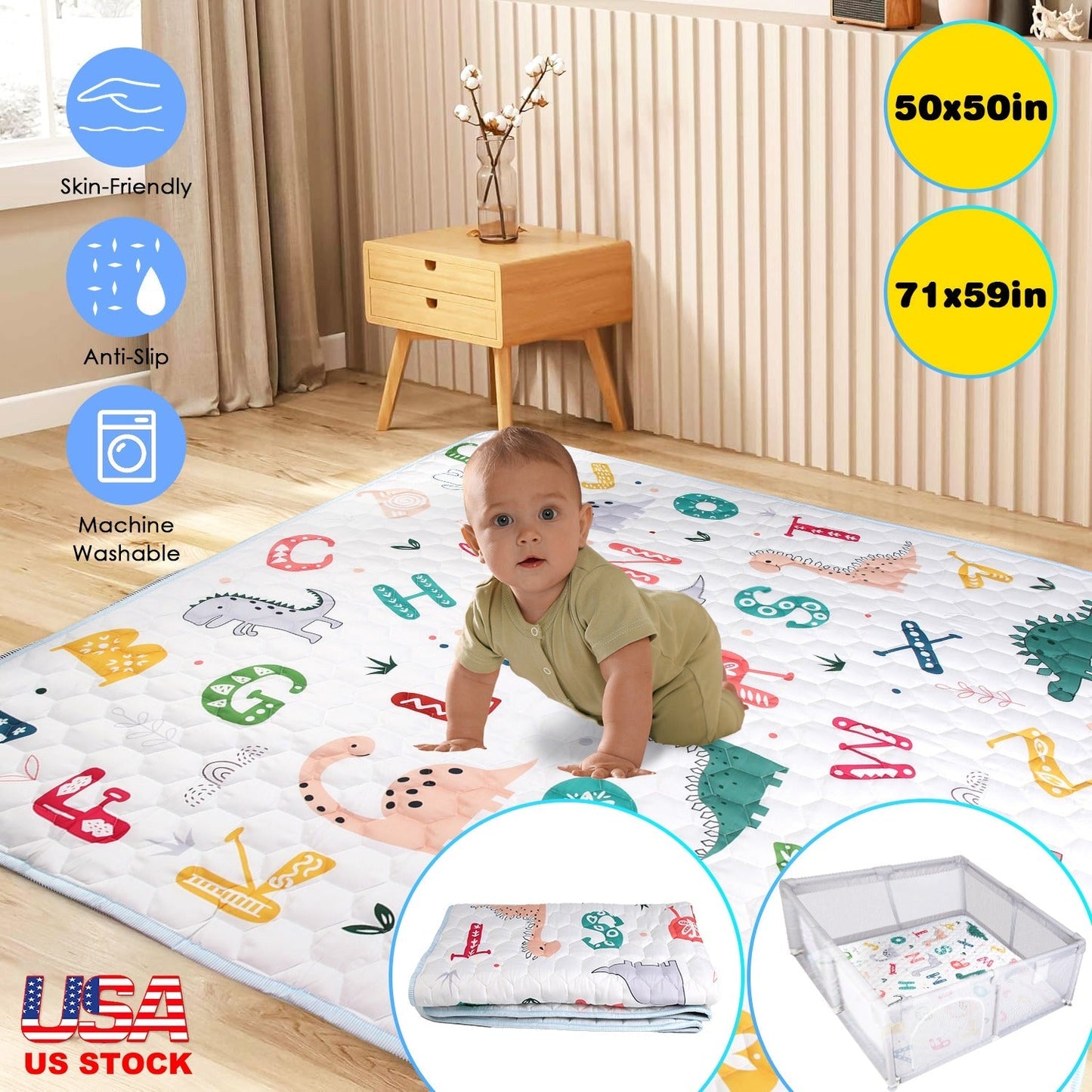 Alfombra de Juego para Bebés Antideslizante de 50x50 Pulgadas - Plegable y Lavable