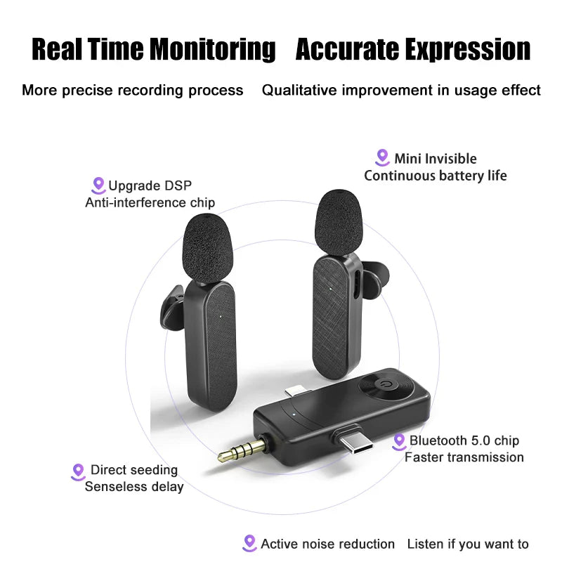 3 In 1 Wireless Lavalier Microphone Plug And Play Intelligent Noise Reduction Mini Mic For iPhone Android Live Broadcast - Korvel