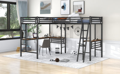 Twin Size Metal Loft Bed with Two Built-in Desks Black - Korvel