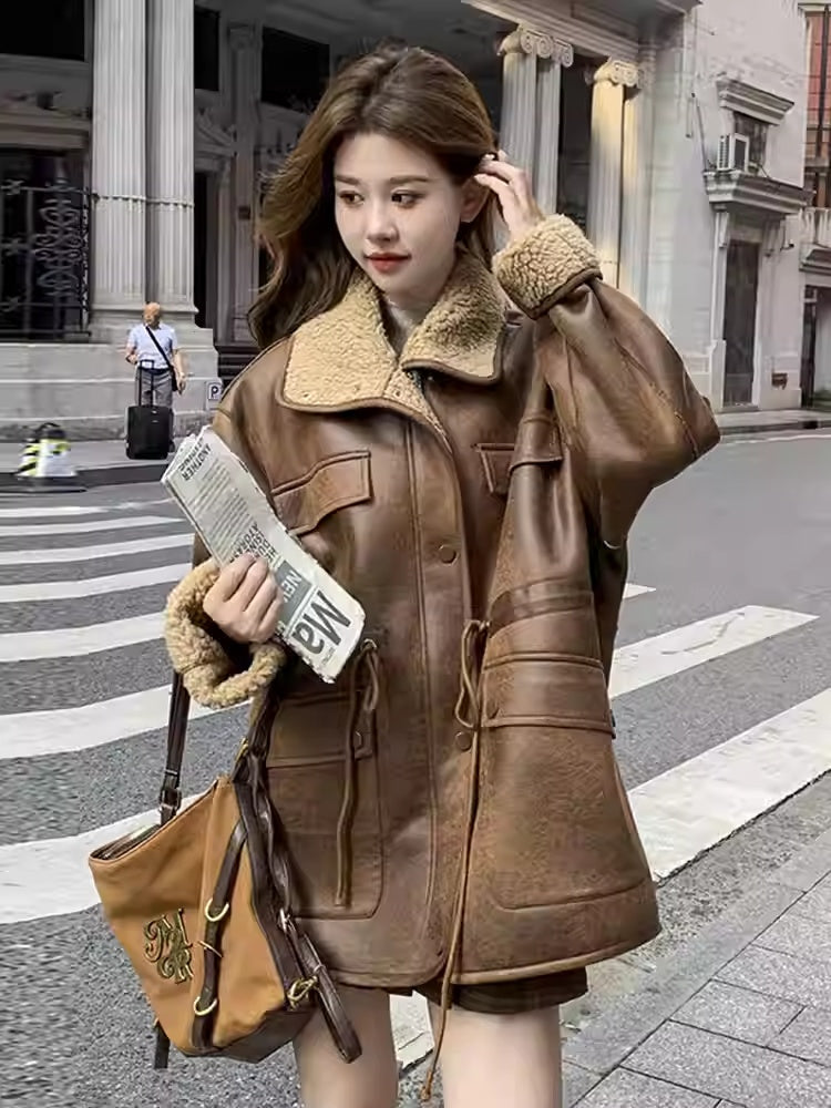 Thickened Lambskin Coat with Integrated Fur Lining