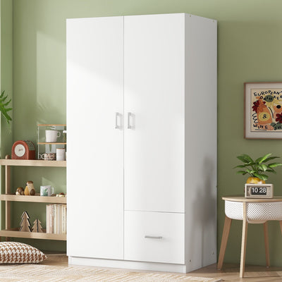 Wooden Wardrobe with Double Doors, Armoire with Hanging Rod, 5 Fixed Shelves, One Storage Drawer,White - Korvel