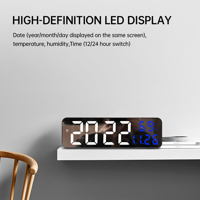 9-Inch Digital Wall Clock: Temp/Humid, Night Mode, Snooze, 12/24H, USB Plug-in LED Alarm Clock - Korvel