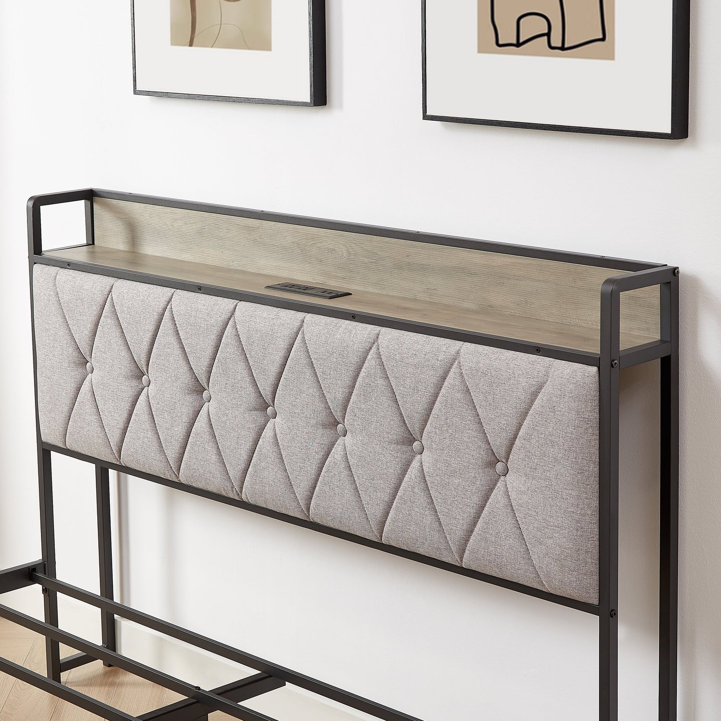 Premium Grey Full Size Bed Frame with Charging Station