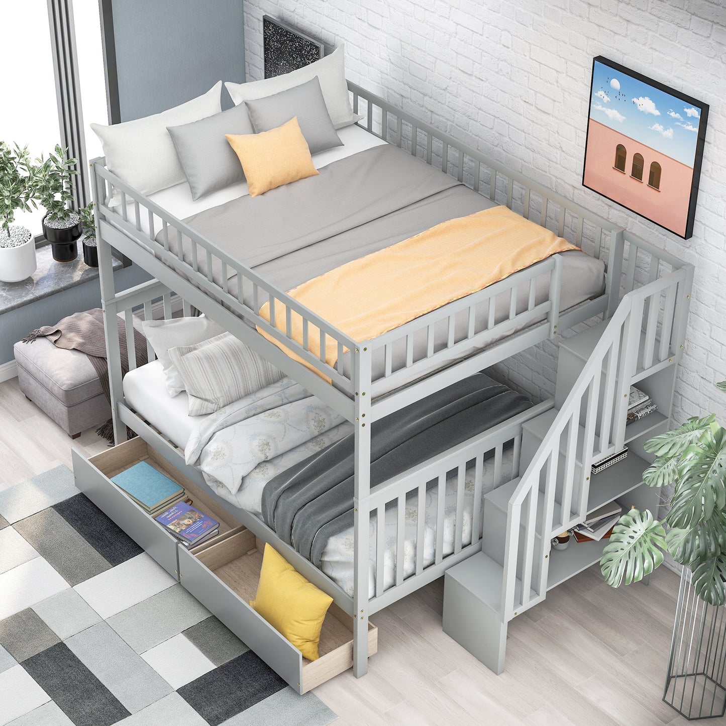 Full over Full Bunk Bed with Two Drawers and Storage, Gray - Korvel