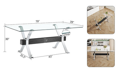 Dining table Modern tempered glass dining table Large modern office desk with silver plated metal legs and MDF crossbars - Korvel