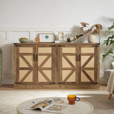 65-Inch Rustic Oak Color Faux Rattan Sideboard, Barn Door Rustic Style Sideboard, Living Room, Entryway, Bedroom - Korvel