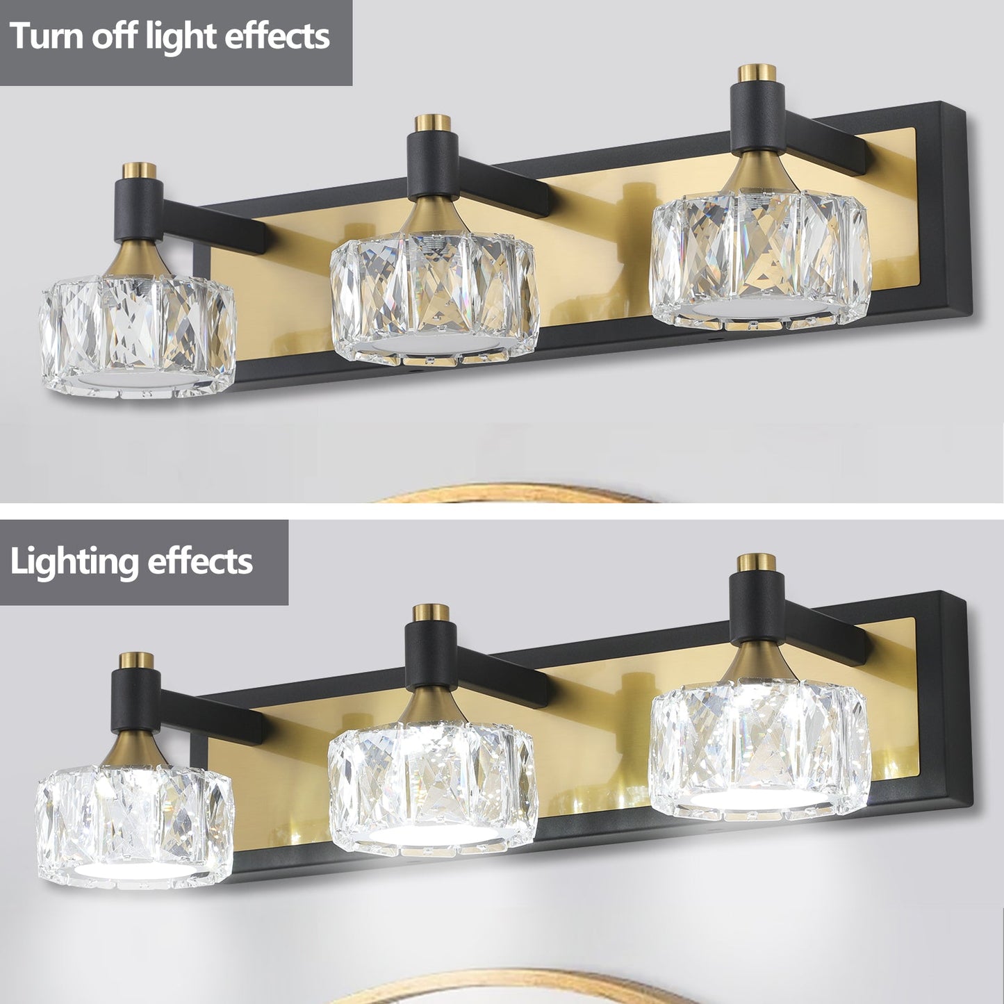 LED 3-Light Modern Crystal Bathroom Vanity Light Over Mirror Bath Wall Lighting Fixtures - Korvel