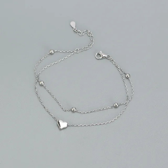 925 Sterling Silver Double Layer Heart-shaped Bracelet for Women Girl Korean Style Small Fresh Summer Bracelet - Korvel