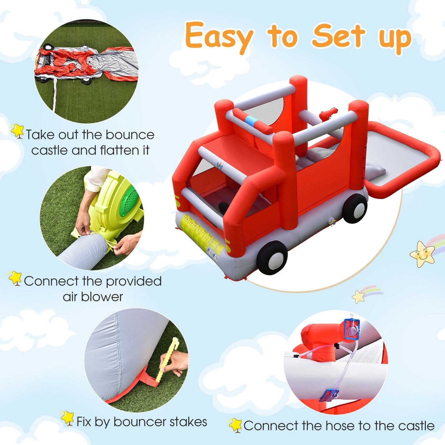 Fire Truck Themed Inflatable Castle Water Park for Kids