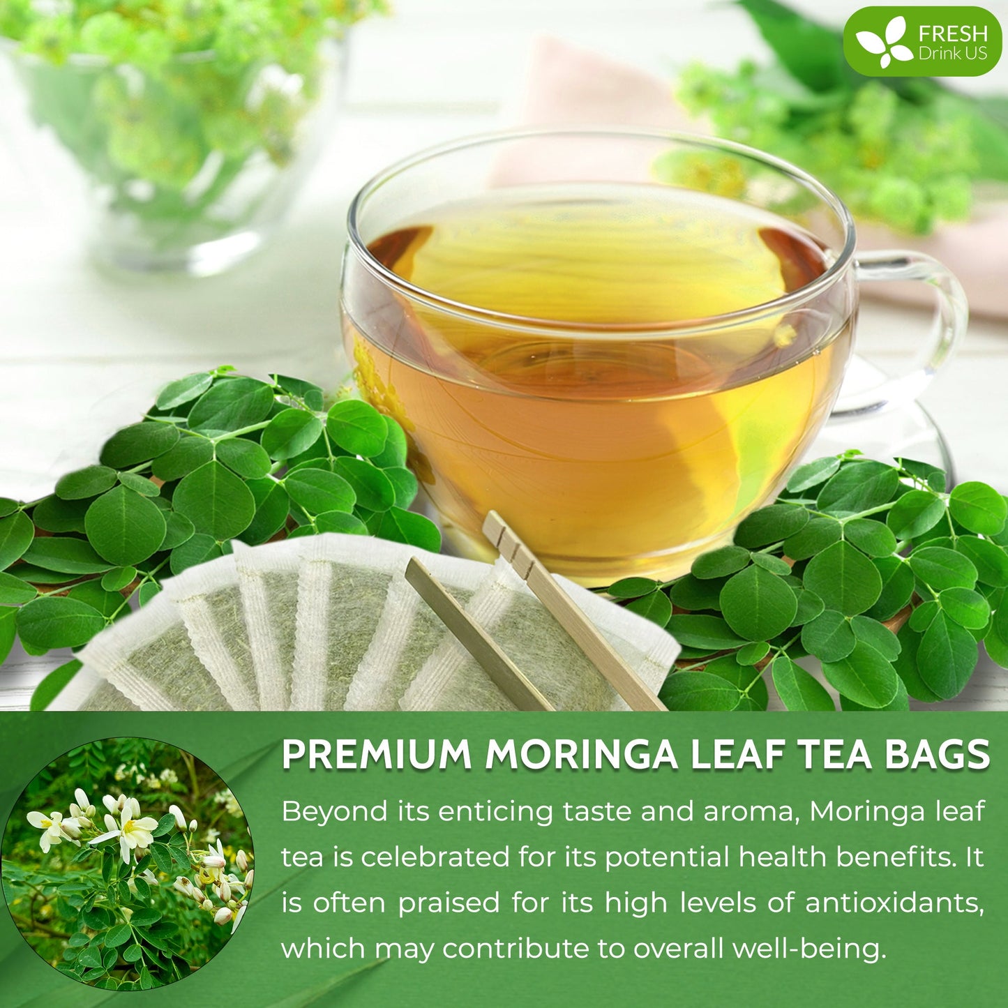 Bolsitas de té de hojas de moringa, 100 % natural y puro. Té de hojas de moringa a granel. Sin azúcar, sin cafeína, sin gluten, vegano.