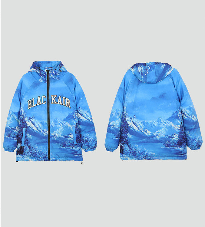Snow Mountain Blue Embroidered Cotton Puffer Jacket
