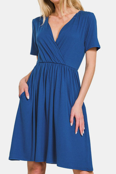 Surplice Short Sleeve Brushed DTY Dress - Elegant Comfort