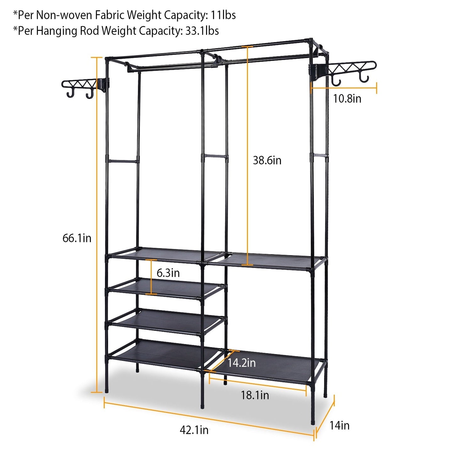 Freestanding Metal Garment Rack with Shelves and Hooks