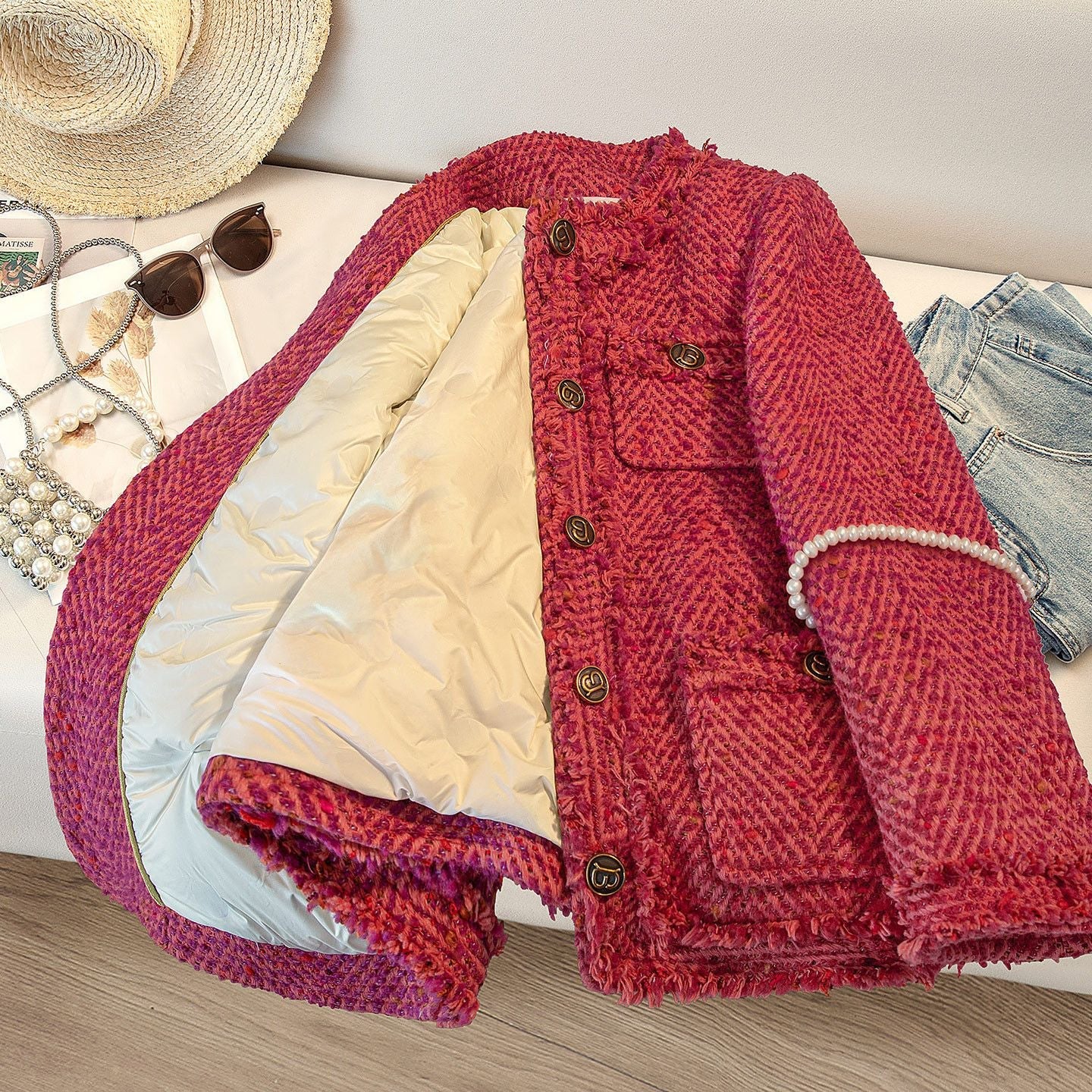 Womens Round-Neck Short Merino Wool Down Jacket