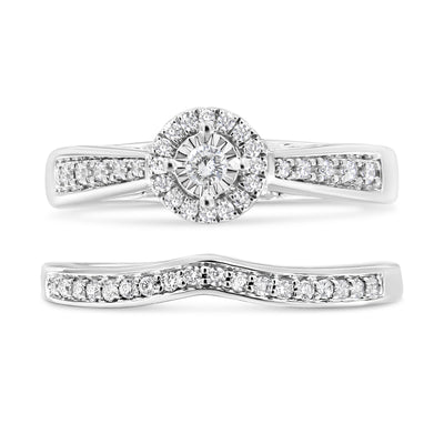 .925 Sterling Silver Diamond Halo Engagement Ring Set - Size 7