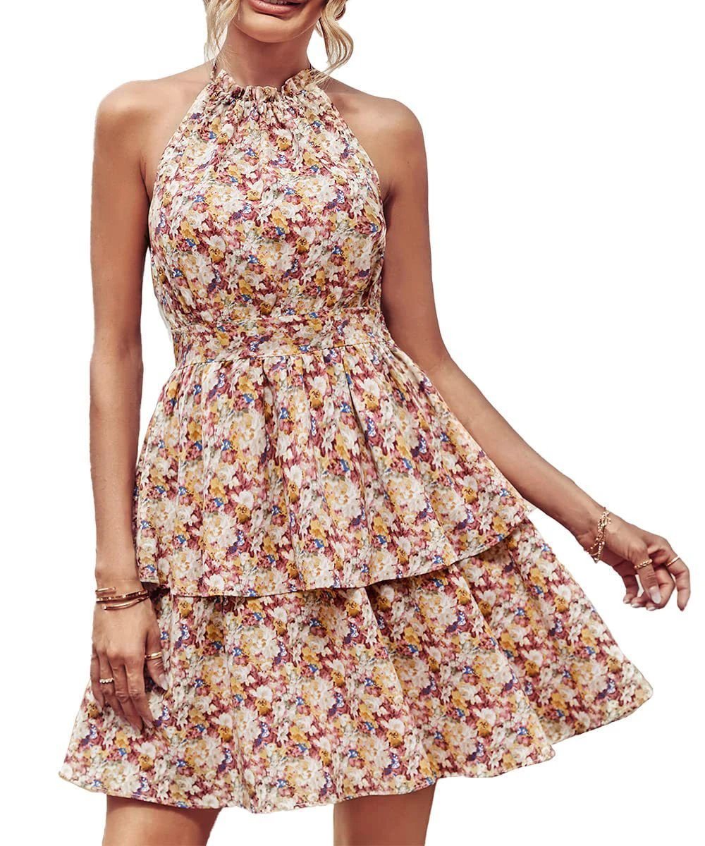 Vestido Halter Impreso de Verano - A-Line Sin Espalda Boho