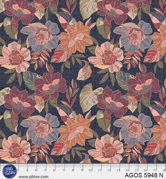 Tela de Flores Azul Marino A Garden Of Stitches por Yarda