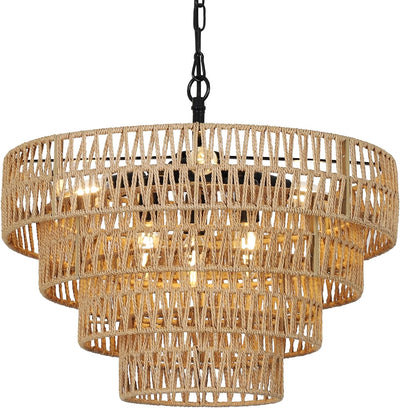 6-Light Dining Room Light Fixture, Wicker Pendant Lighting with 4-Tier Woven Lampshade, Large Farmhouse Chandeliers (20") - Korvel