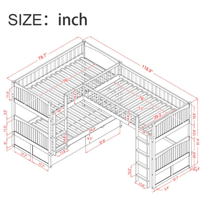 Twin Size Bunk Bed with a Loft Bed attached, with Two Drawers,Gray - Korvel