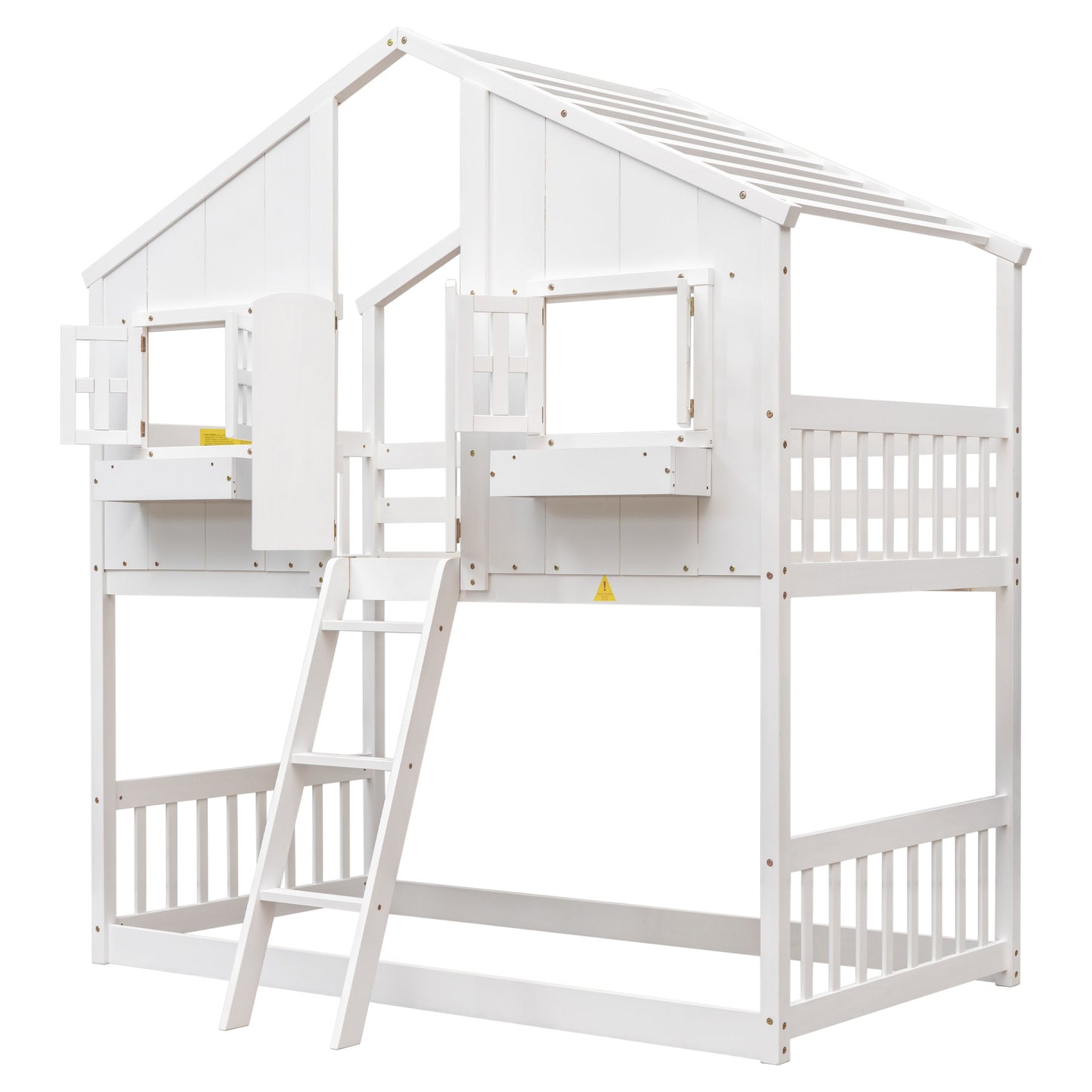 Twin over Twin House Bunk Bed with Roof , Window, Window Box, Door , with Safety Guardrails and Ladder,White - Korvel