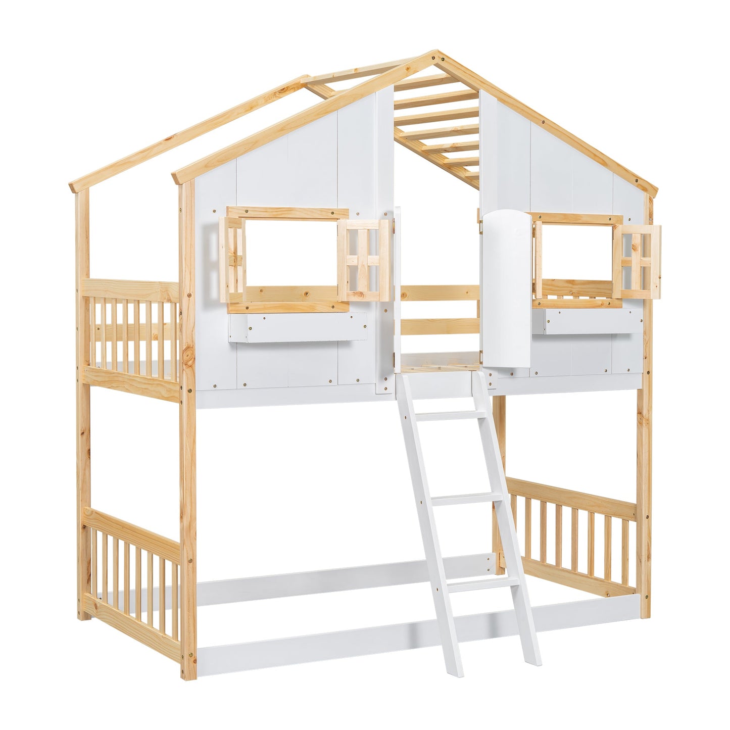 Twin over Twin House Bunk Bed with Roof , Window, Window Box, Door , with Safety Guardrails and Ladder, Natural/White - Korvel