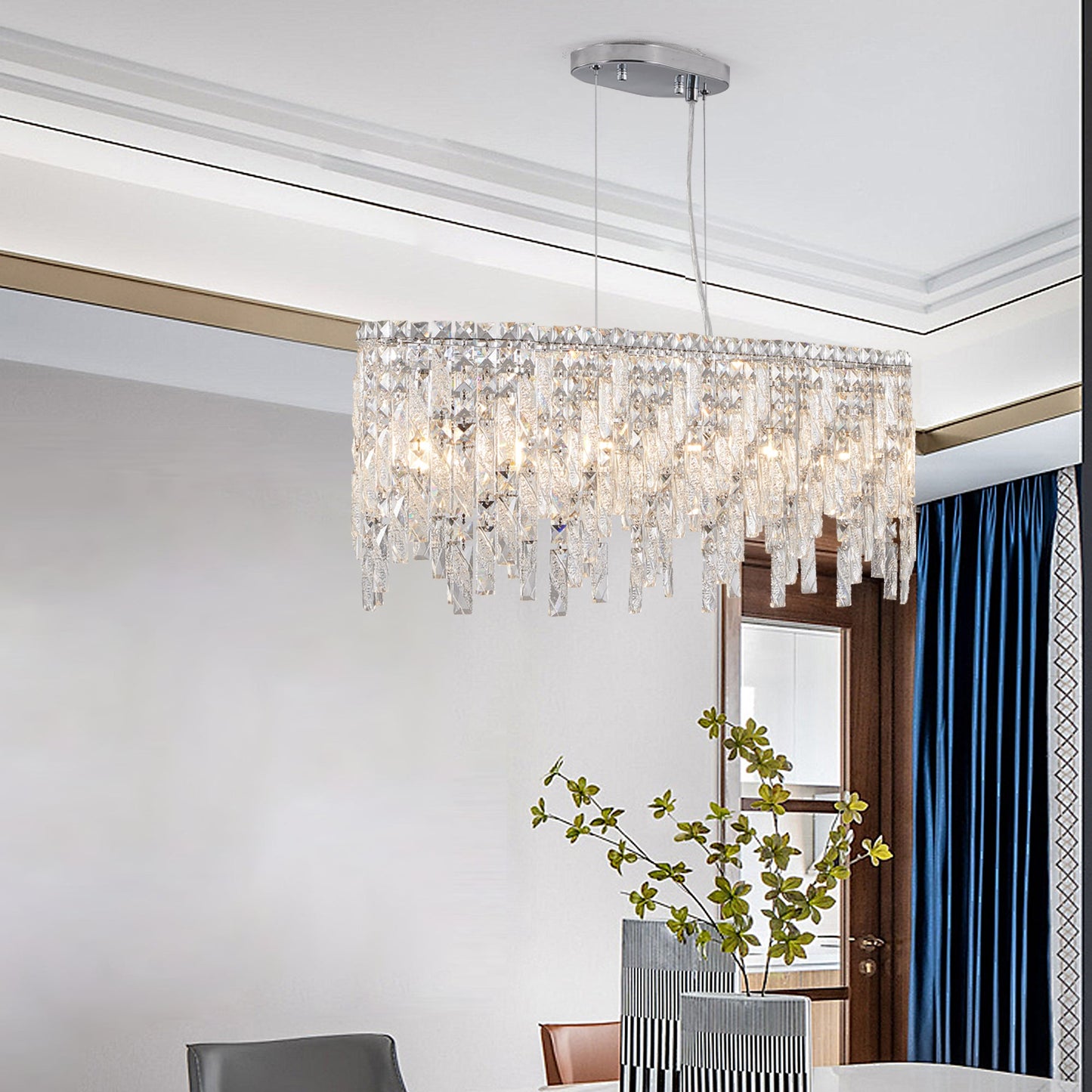 Silver elegant oval crystal pendant light, modern ceiling fixture with reflective suspended crystal (bulb not included) - Korvel