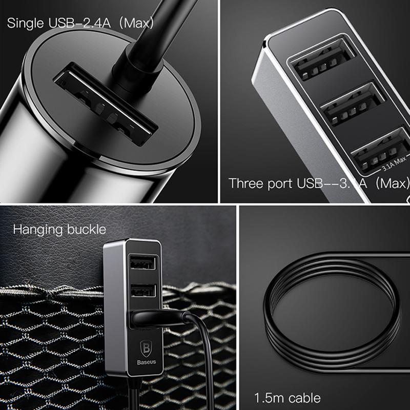 Baseus 4-Port Fast Car Charger - 5.5A Multi USB Adapter