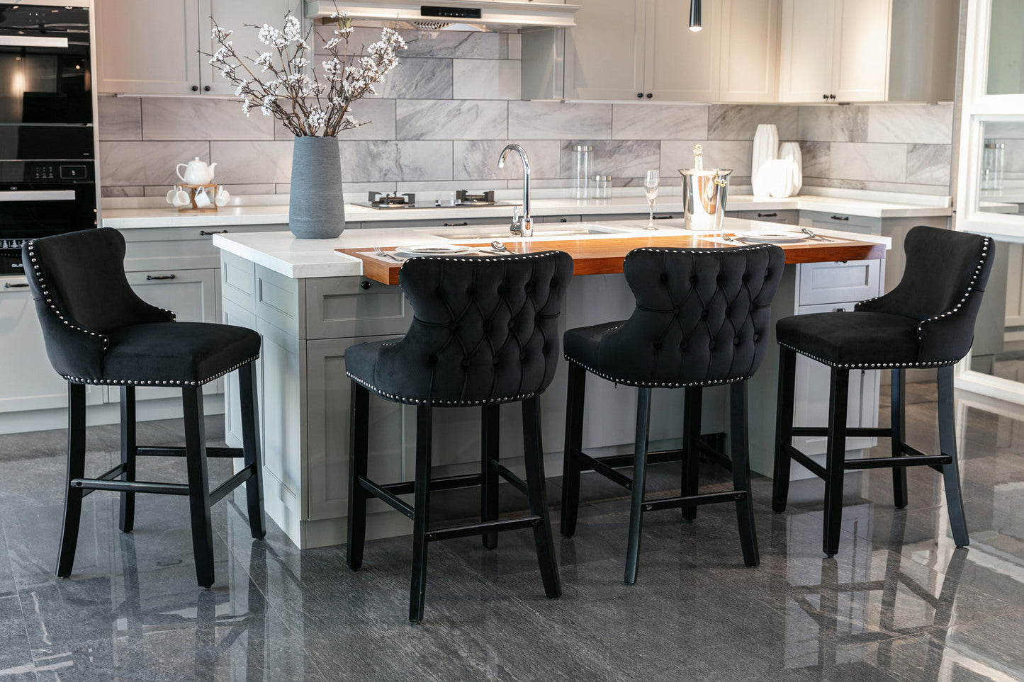 Velvet padded wing back bar stool with button cluster decoration and wooden leg chrome nail head decoration 2-piece set (black) - Korvel