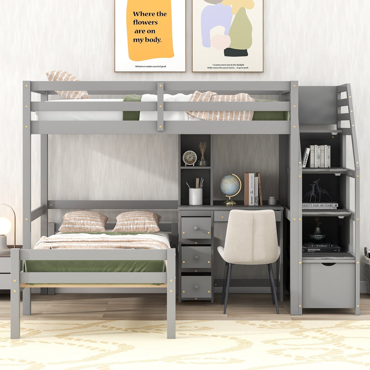 Cama loft tamaño twin con escalera de almacenamiento y escritorio - Gris