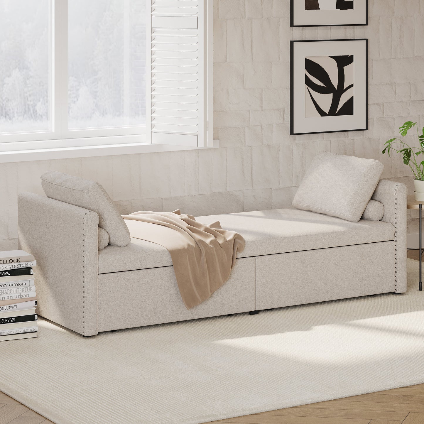 Fauteuil-lit moderne beige avec tiroirs de rangement
