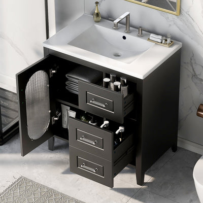 30" Bathroom Vanity with Sink, Bathroom Vanity Cabinet with Two Drawers and Door, Adjustable Shelf, Solid Wood and MDF, Black - Korvel