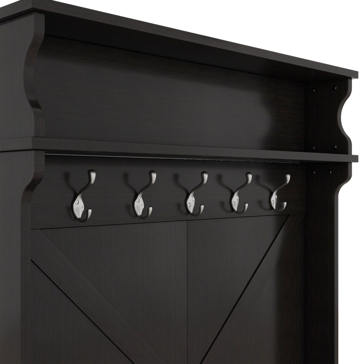 Hall tree with roof rack and storage platform, corridor shoe cabinet with sliding door, clothes hanger with 5 hooks black - Korvel