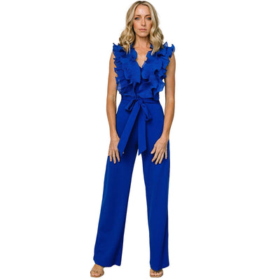 Sexy V-neck Backless Ruffle Tie-up Jumpsuit Casual Long Comfortable Fitted Women's Clothing - Korvel