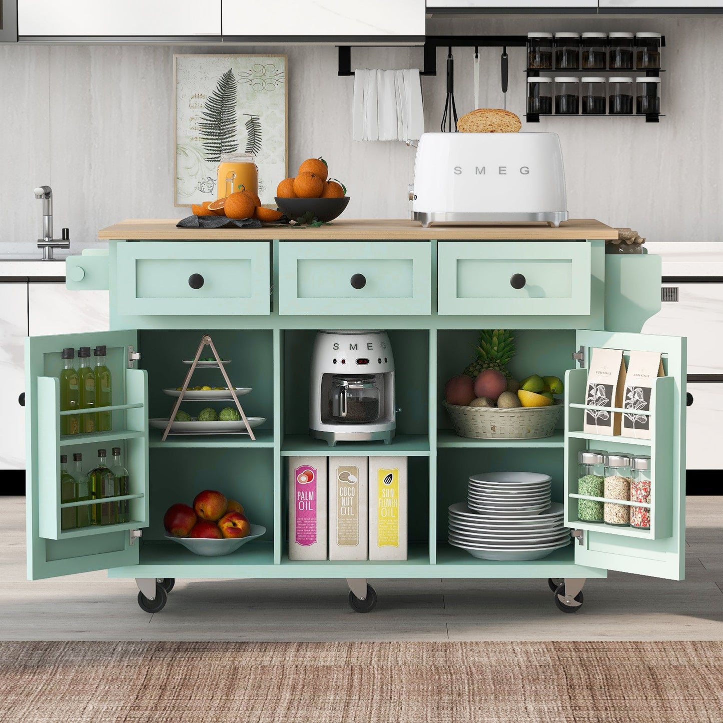 Kitchen trolley, cabinet door internal storage rack with storage cabinet and 3 dining room drawers, mint green - Korvel