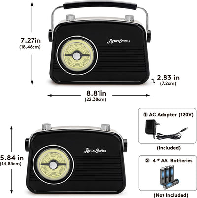 Black AM FM Radio - Small Portable Radios Vintage/Retro with Headphone Jack, Large Analog Rotary Tuning Dial - Korvel