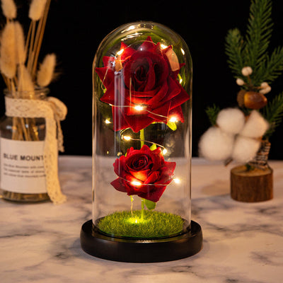 Christmas Valentine's Day Birthday Gift Two Roses Glass Cover Ornament LED Light Simulation Immortal Flower - Korvel