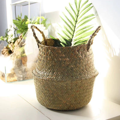 Scandinavian Style Wicker Handbasket Flower Pot Rattan Weave Plant Grass Woven Floor Folding Wicker Basket Weaving - Korvel
