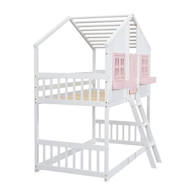 Twin over Twin House Bunk Bed with Roof , Window, Window Box, Door , with Safety Guardrails and Ladder, Pink/White - Korvel